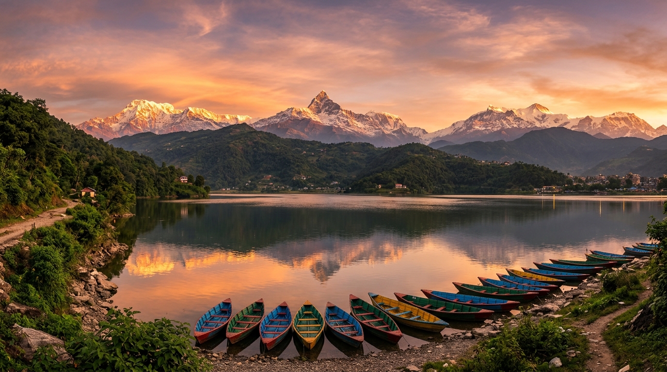 Phewa Lake at sunset with the Annapurna range behind